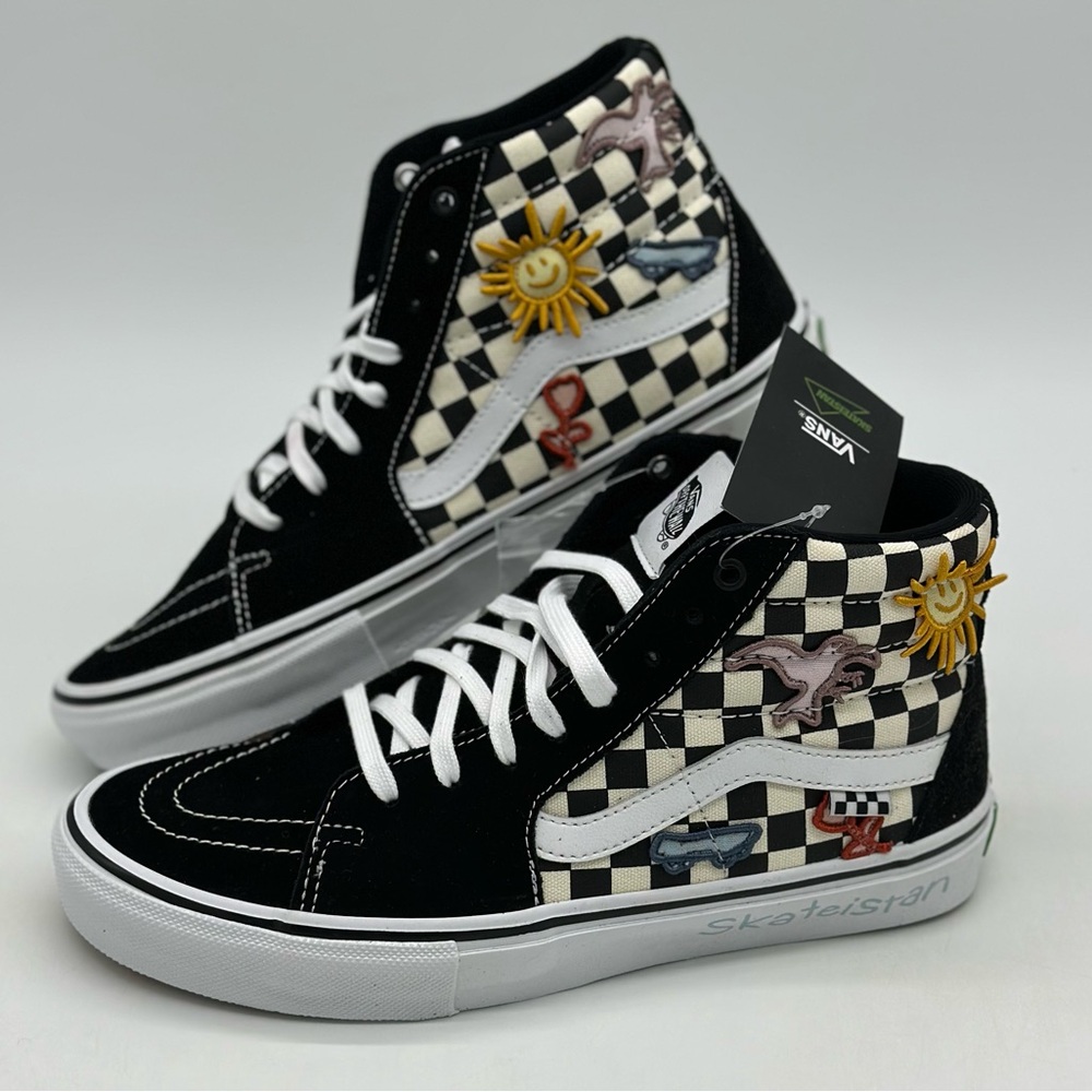 Vans Black and White High-Top Sneakers with Checkerboard Pattern